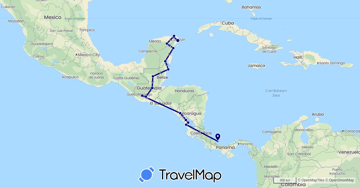 TravelMap itinerary: driving in Belize, Guatemala, Mexico, Nicaragua, Panama (North America)